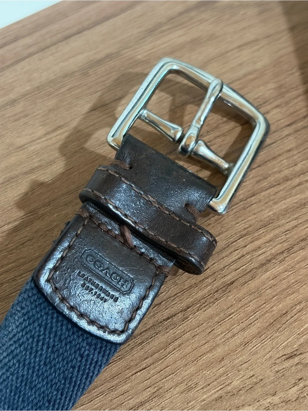 Coach Leather Linen Belt 38 Navy Canvas Brown Trim Casual Classic Preppy Coastal
